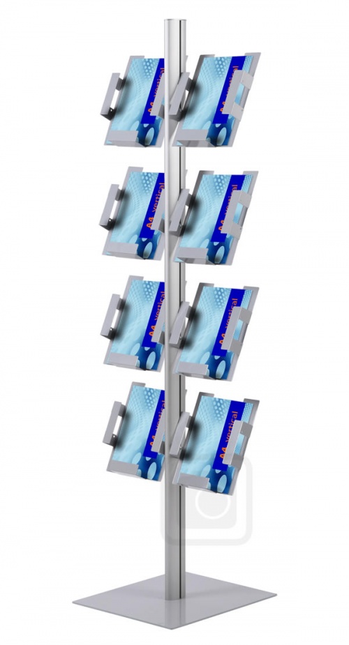 Multistand A4 Brochure stand with 8 angled brochure shelves White Light