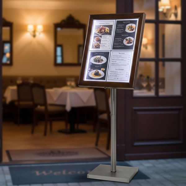 Securit Wood Effect LED Menu Stand | 4 x A4 Teak & Oak White Light Display