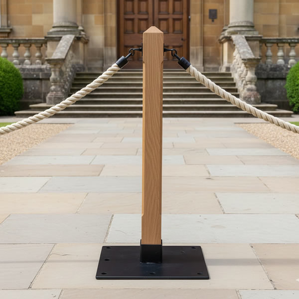 Rustic Wooden Rope Barrier Post | Flat Steel Base | UK Made White Light ...